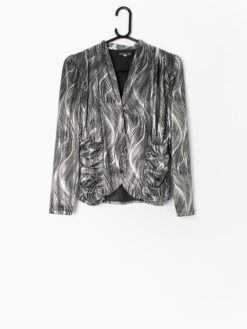 Vintage Silver And Black Party Blouse With Fancy Metallic Swirly Lines 70s 80s Small