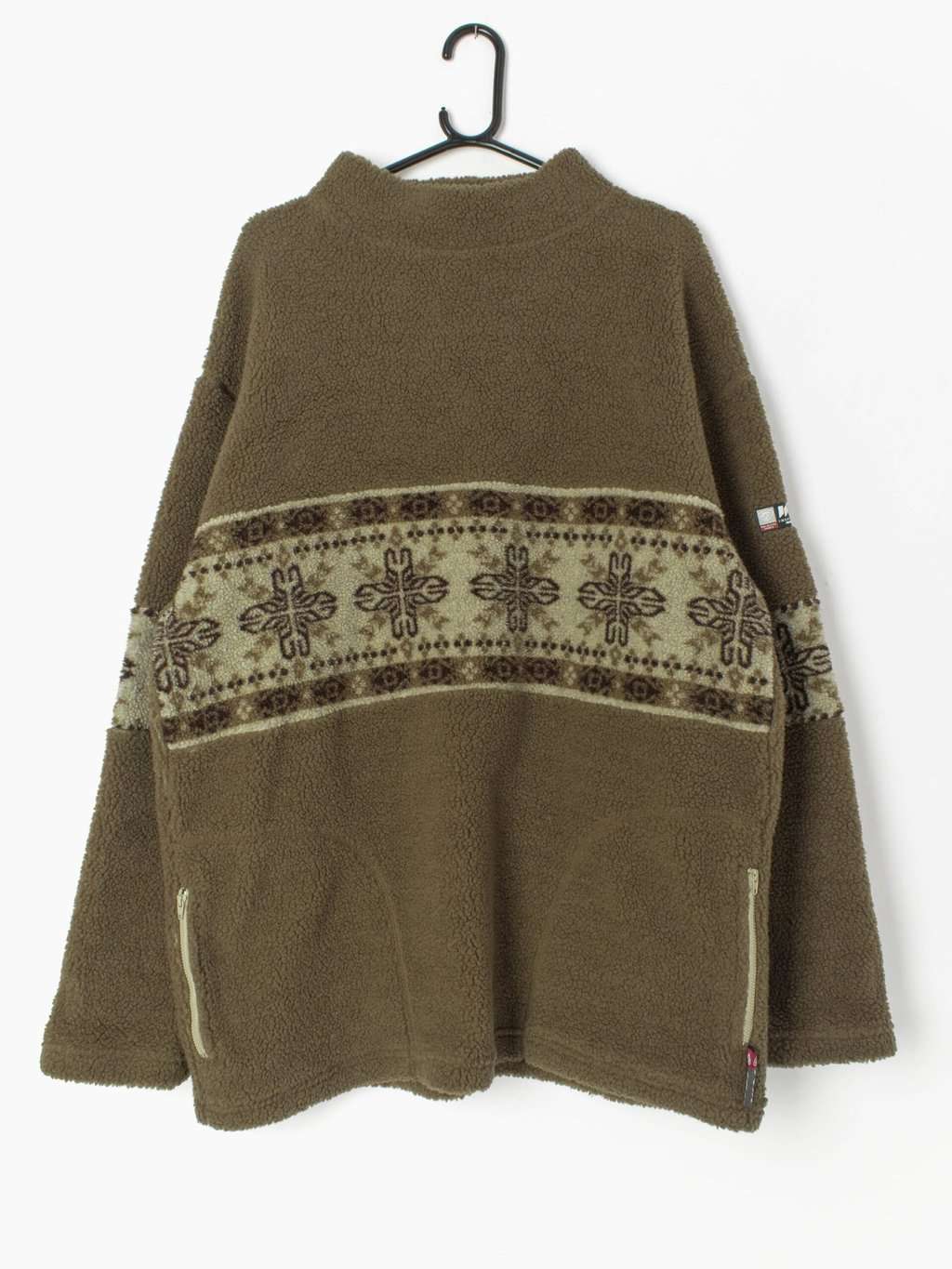 Vintage WSI sports teddy fleece pullover with aztec motifs in green beige with aztec motifs - XL