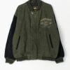 Vintage Denim Varsity Jacket Green With Leather Sleeves Dual Control Jackets 90s Y2k Large Xl