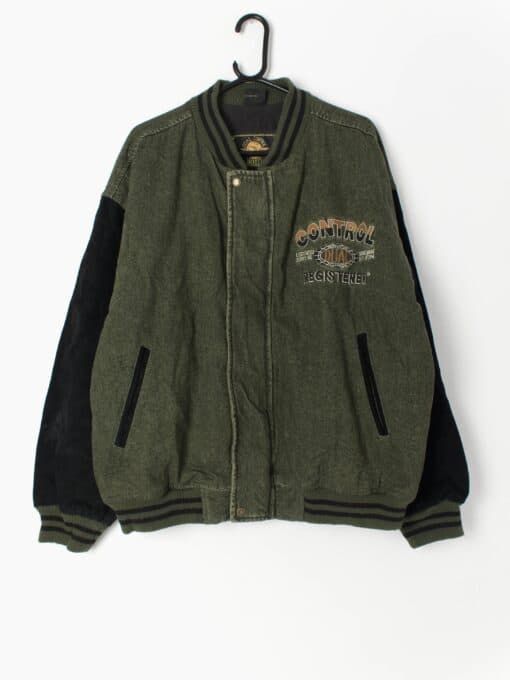 Vintage Denim Varsity Jacket Green With Leather Sleeves Dual Control Jackets 90s Y2k Large Xl