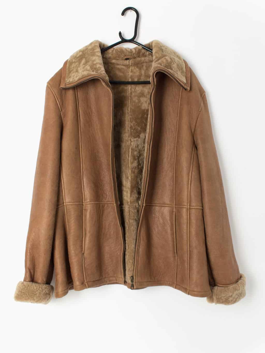 Vintage Sheepskin Jacket Tan Brown Zip Up 1970s Large 2