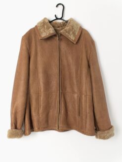 Vintage Sheepskin Jacket Tan Brown Zip Up 1970s Large