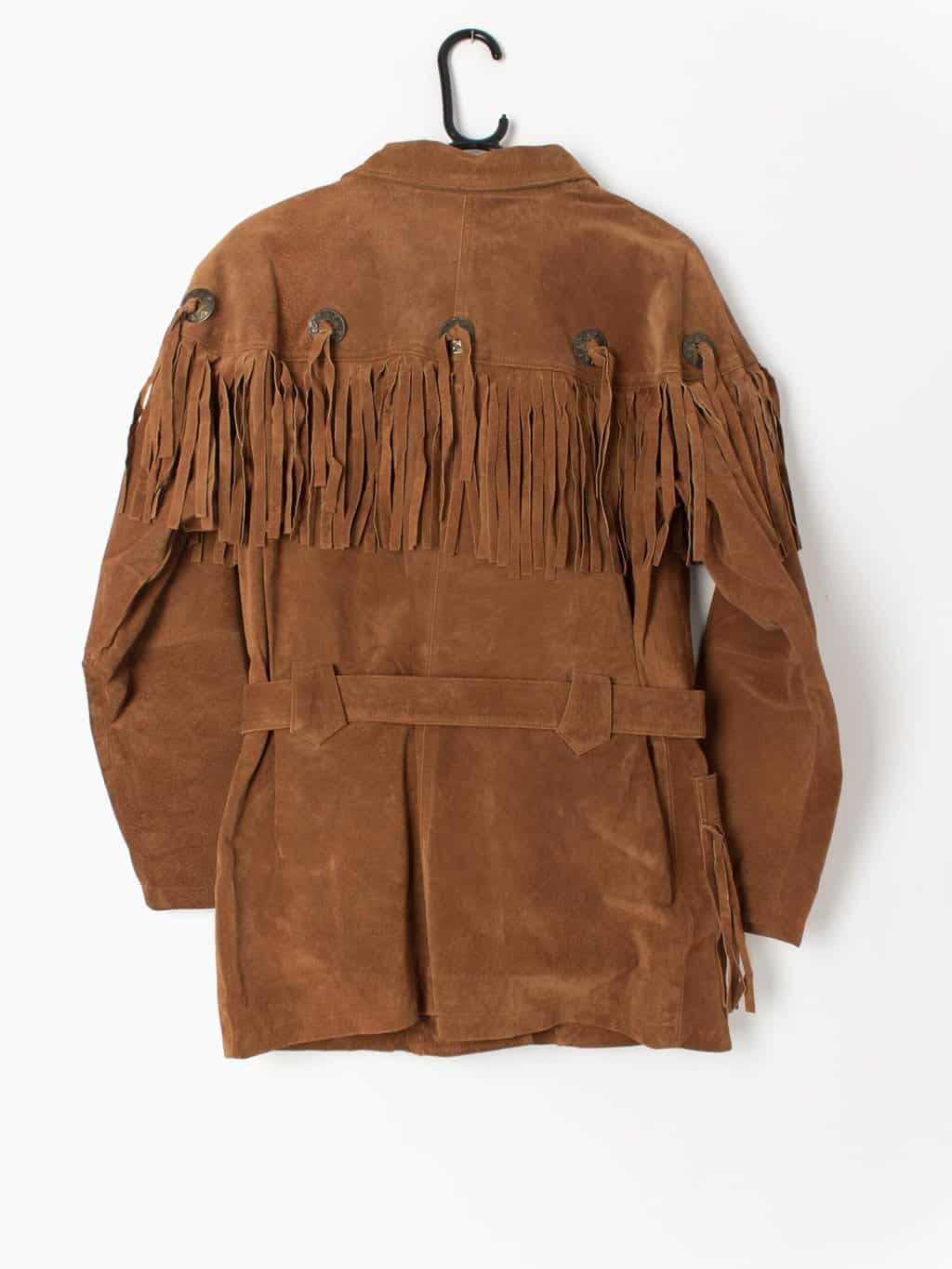 Vintage Suede Jacket Tan Brown With Belt And Fringe Details 1980s Western Inspired Small 4