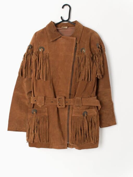 Vintage Suede Jacket Tan Brown With Belt And Fringe Details 1980s Western Inspired Small