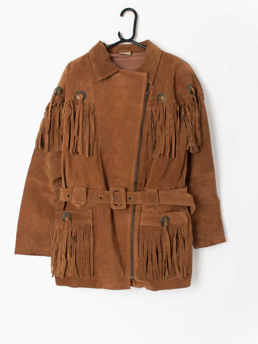 Vintage suede jacket tan brown with belt and fringe details