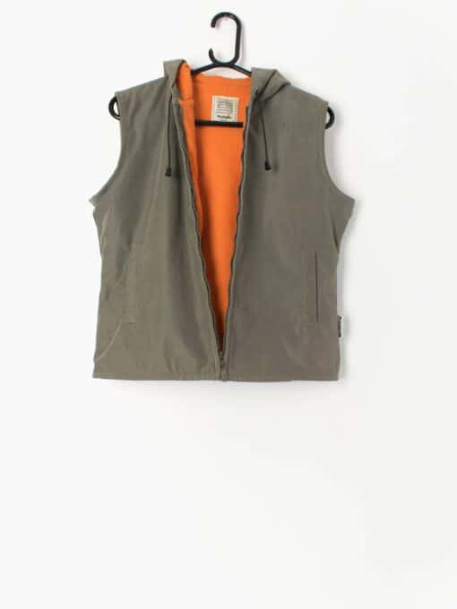 Vintage Wrangler Fleece Lined Gilet In Khaki Military Green And Orange With Hood Y2k Medium