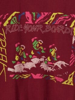Vintage 80s Graphic Sweatshirt In Rust Red With Neon Multicoloured Surfing Design Small 2