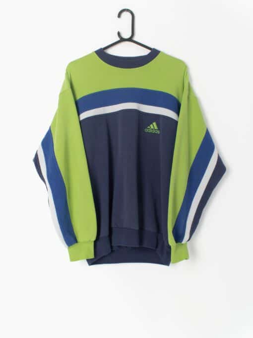 Vintage Adidas Y2k Sweatshirt In Lime Green With Blue White Stripes Medium