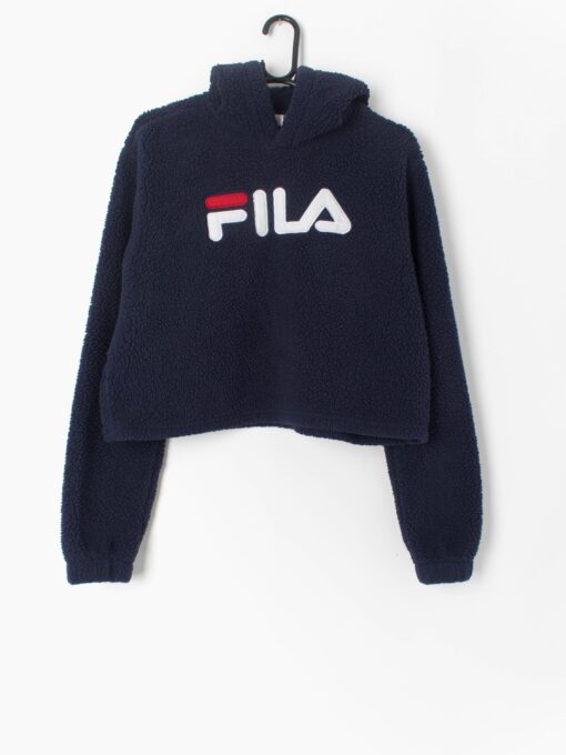 Vintage Fila Spellout Cropped Fleece In Navy Medium