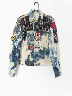 Vintage Rockins Denim Jacket Hand Customised Bleached Design Small 2