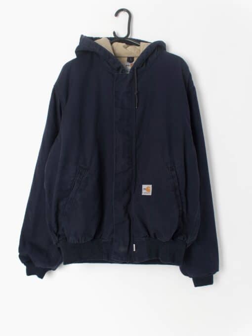 Vintage Hooded Carhartt Bomber Jacket Fr Flame Resistant Heavy Cotton Workwear In Navy Blue Large