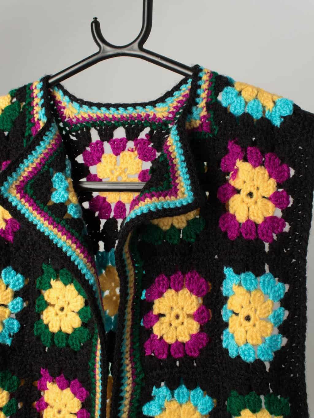 Vintage Longline Crochet Vest Waistcoat Floral Yellow Purple Blue Hippy Vibes 1970s Xs Small 2
