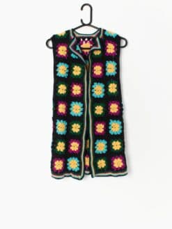 Vintage Longline Crochet Vest Waistcoat Floral Yellow Purple Blue Hippy Vibes 1970s Xs Small