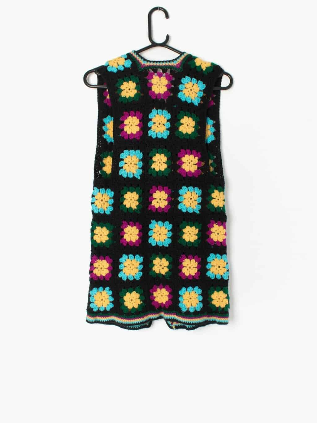 Vintage Longline Crochet Vest Waistcoat Floral Yellow Purple Blue Hippy Vibes 1970s Xs Small 3