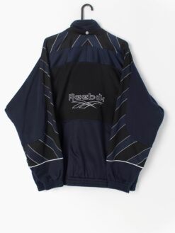 Vintage Reebok Track Jacket 90s Spell Out Striped Sleeves Black And Navy Retro Sports Jacket Xl