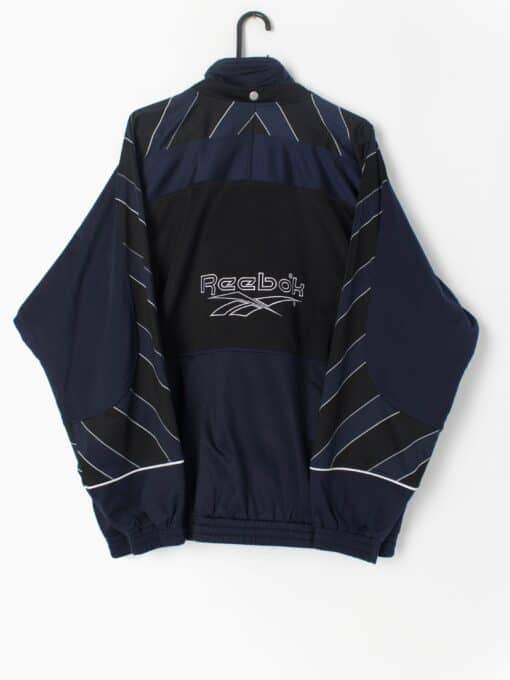 Vintage Reebok Track Jacket 90s Spell Out Striped Sleeves Black And Navy Retro Sports Jacket Xl