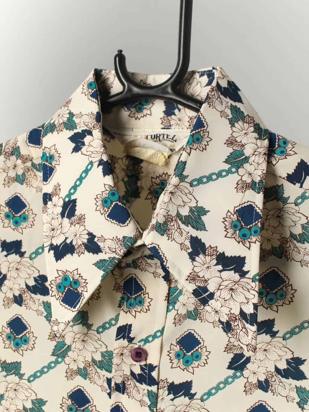 Mens 70s Vintage Shirt With Dagger Collar And Floral Geometric Pattern Small Medium 2