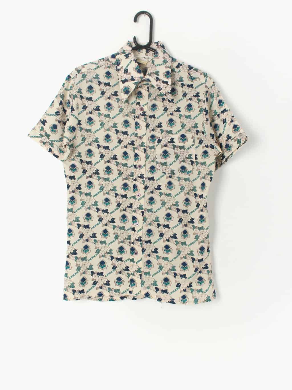 Mens 70s Vintage Shirt With Dagger Collar And Floral Geometric Pattern Small Medium