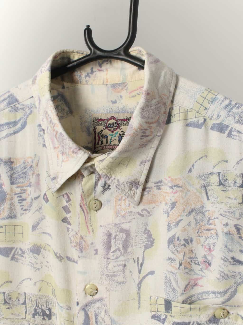 Mens Patterned Vintage Shirt With Text And Abstract Imagery In Muted Tones Xl 2