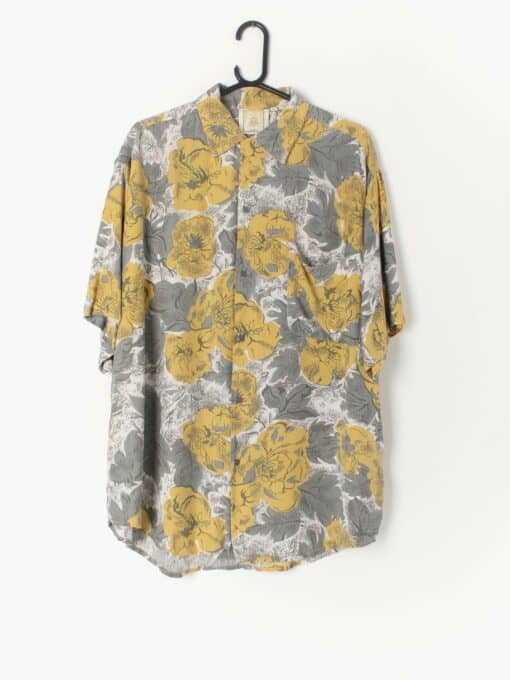 Mens Vintage Floral Shirt In Yellow And Grey One Front Pocket Large Xl
