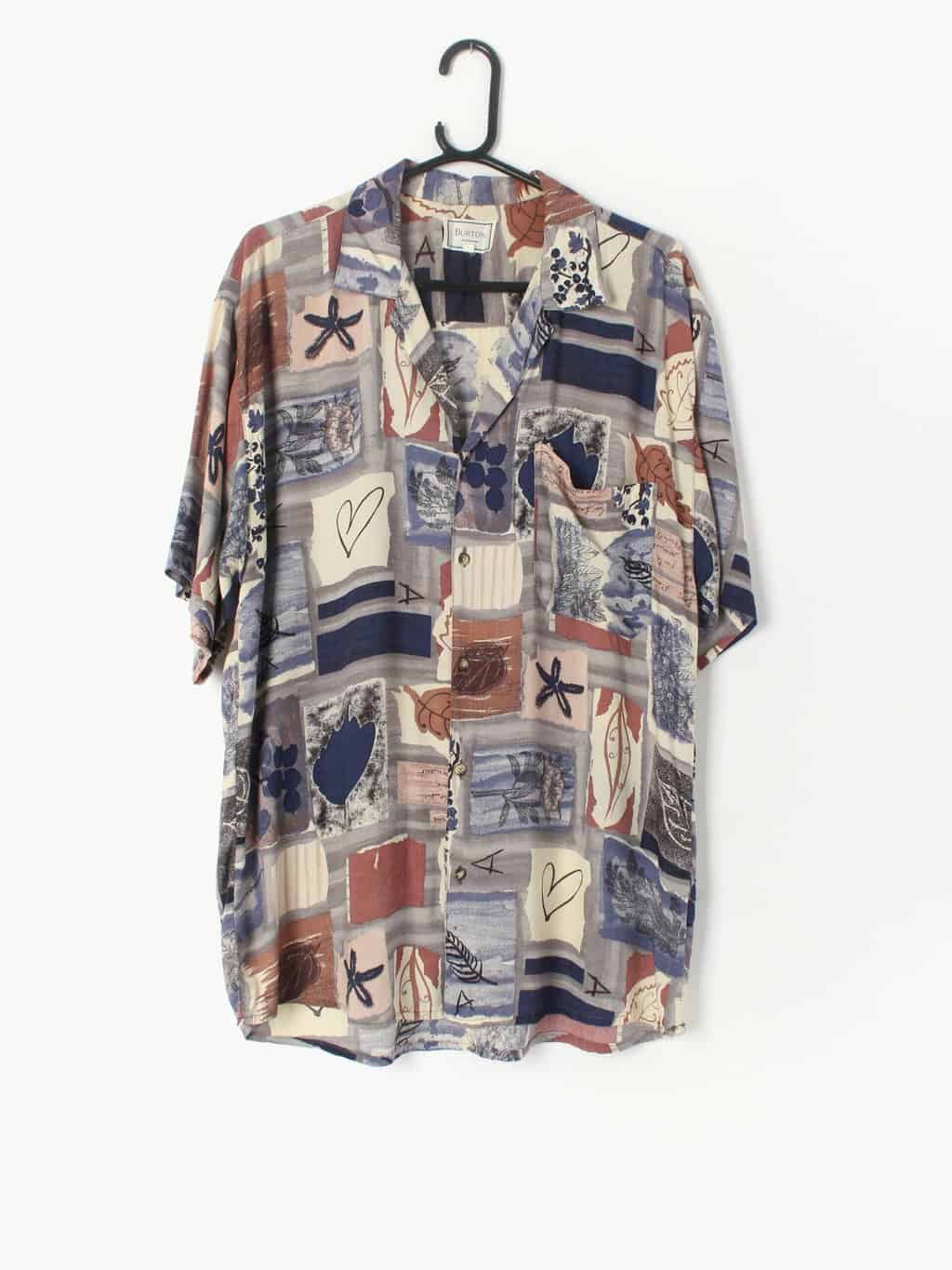 Vintage Burton Shirt With Abstract Pattern Including Hearts Flowers Leaves And Stars Large