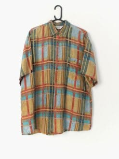 90s Vintage Plaid Short Sleeve Silk Shirt In Orange Red Blue And Green Large