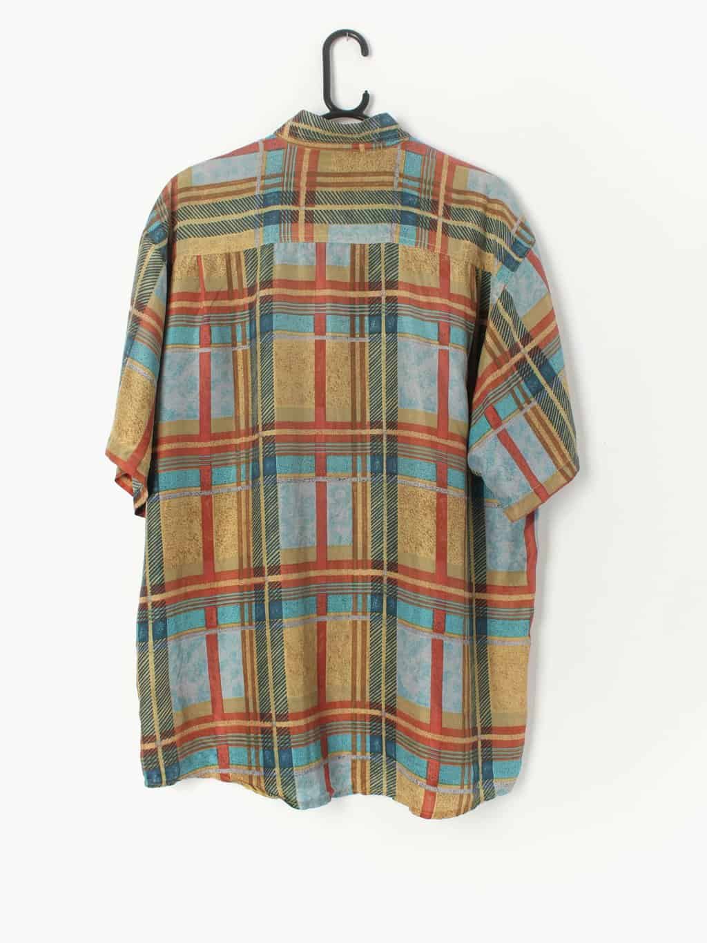 90s Vintage Plaid Short Sleeve Silk Shirt In Orange Red Blue And Green Large 3