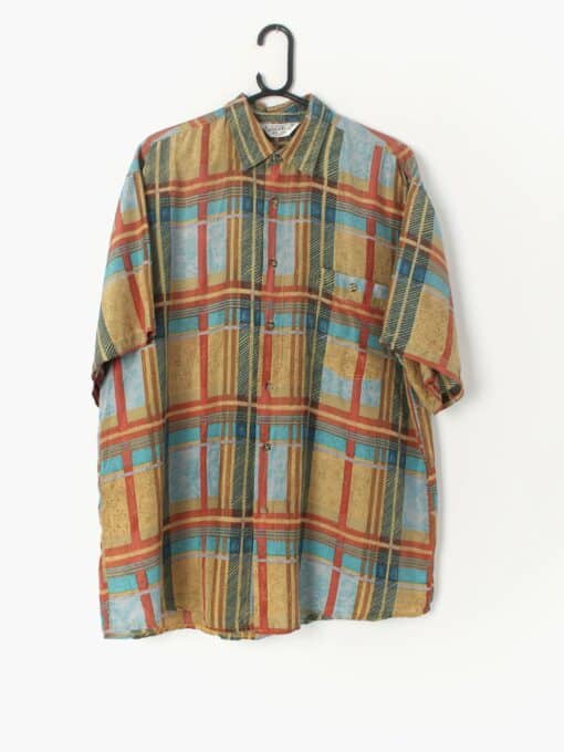 90s Vintage Plaid Short Sleeve Silk Shirt In Orange Red Blue And Green Large
