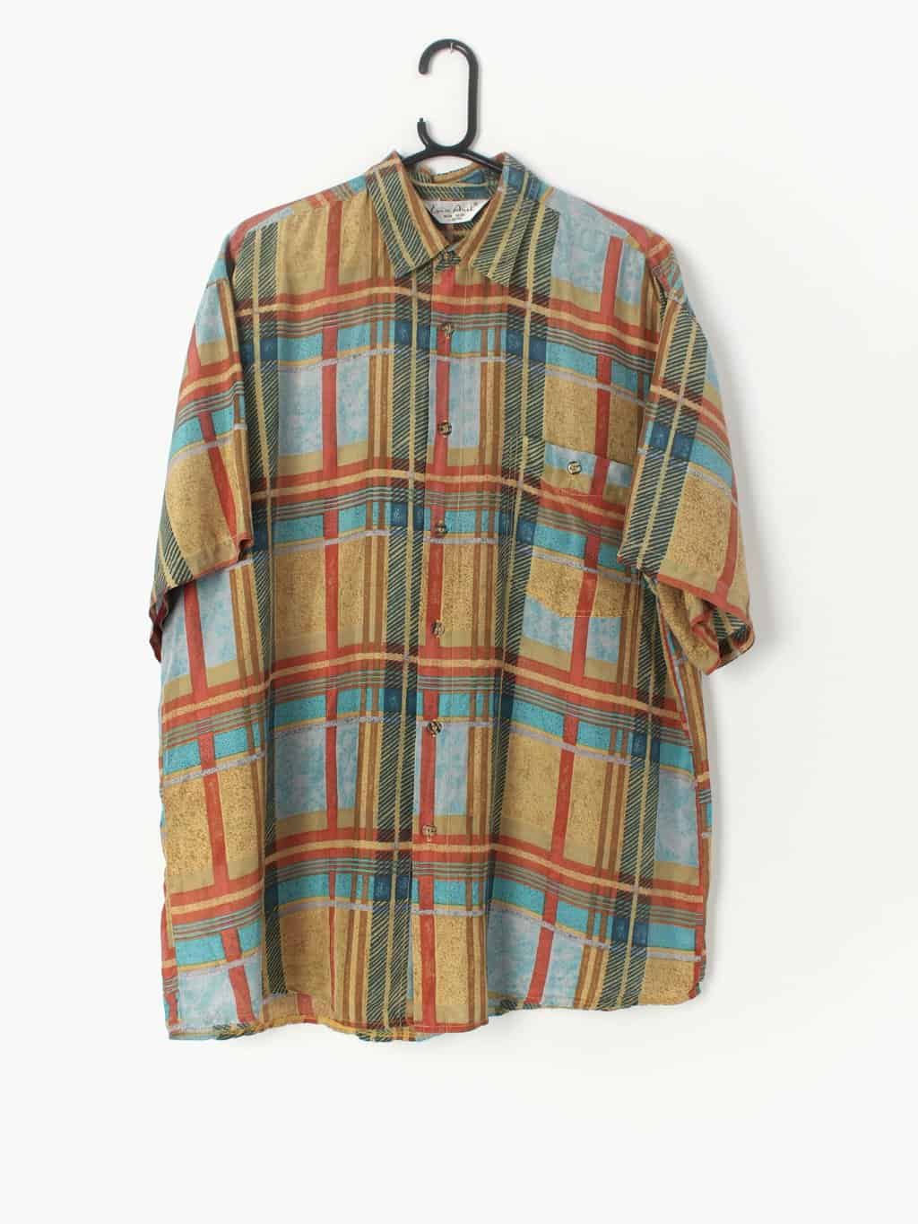 90s Vintage Plaid Short Sleeve Silk Shirt In Orange Red Blue And Green Large