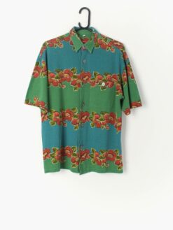 Bold Vintage Festival Shirt In Striking Blue Green And Red Floral Motif Small
