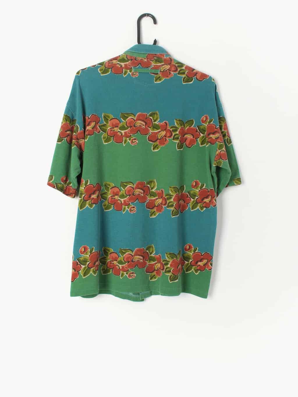 Bold Vintage Festival Shirt In Striking Blue Green And Red Floral Motif Small 3