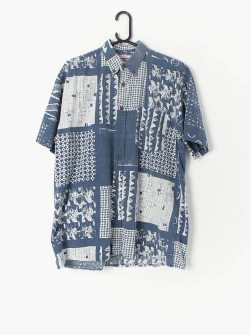 Cotton Vintage Abstract Shirt With Blue And White Patchwork Style Pattern Medium