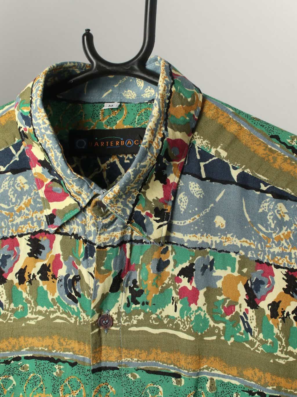 Mens Vintage Crazy Print Shirt With Stunning Pattern In Green Mustard Yellow Navy Medium 2