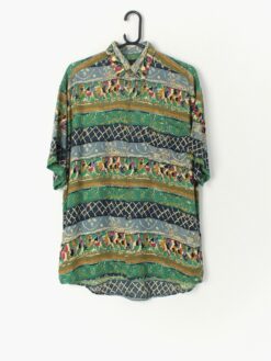 Mens Vintage Crazy Print Shirt With Stunning Pattern In Green Mustard Yellow Navy Medium