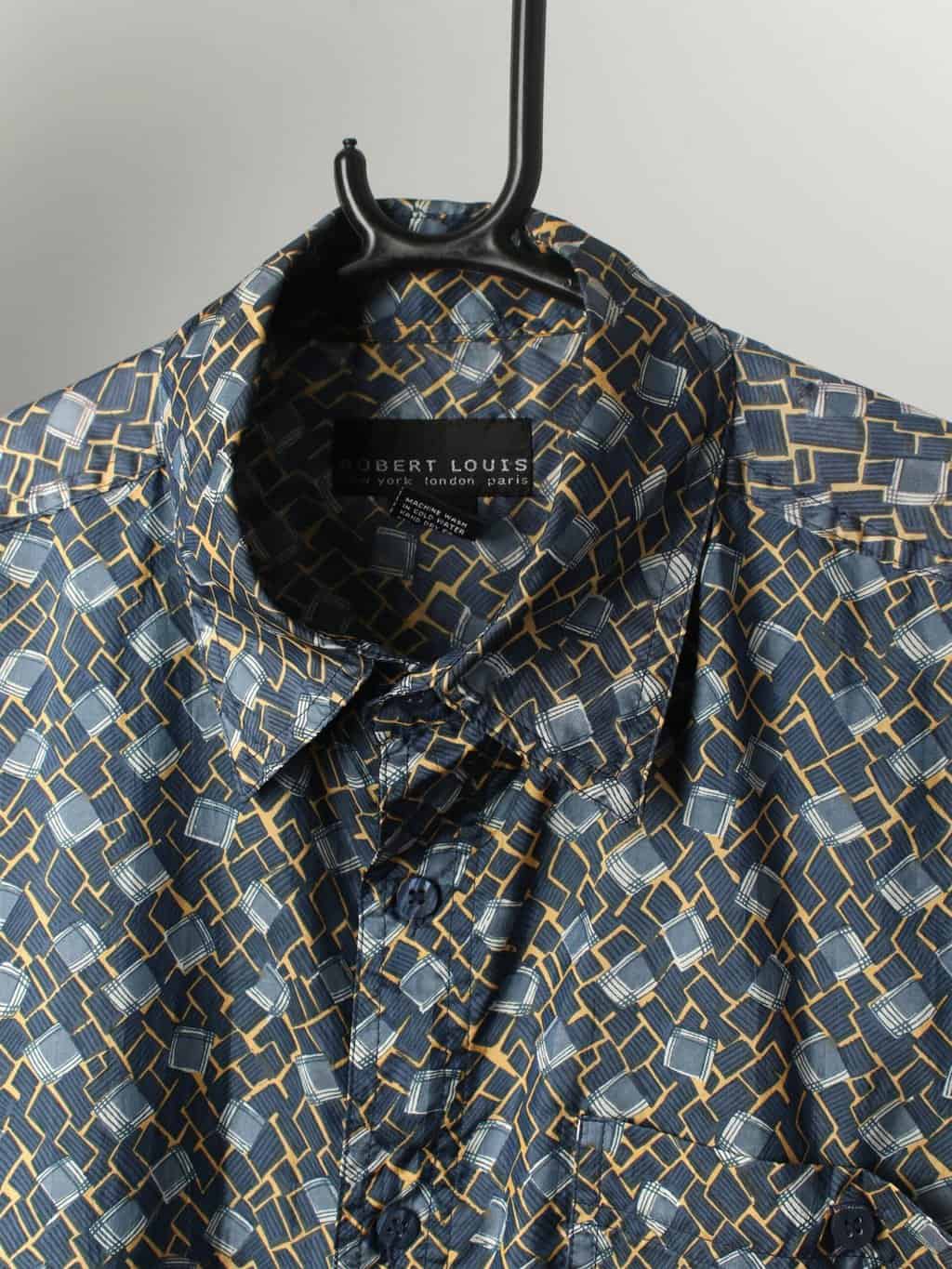 Patterned Silk Shirt With Repeat Geometric Pattern In Blue And Yellow Medium 2