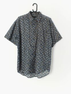 Patterned Silk Shirt With Repeat Geometric Pattern In Blue And Yellow Medium