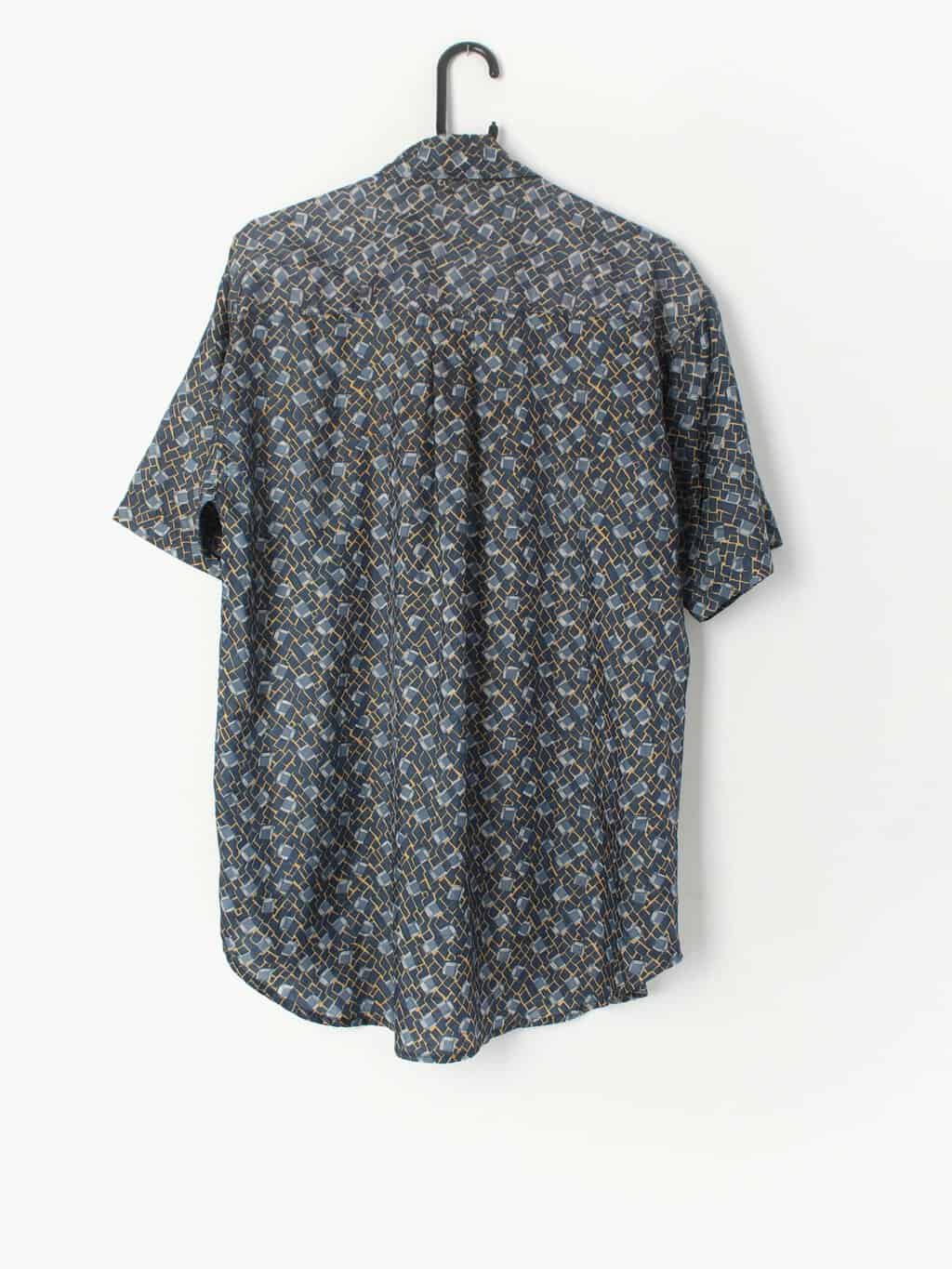 Patterned Silk Shirt With Repeat Geometric Pattern In Blue And Yellow Medium 3
