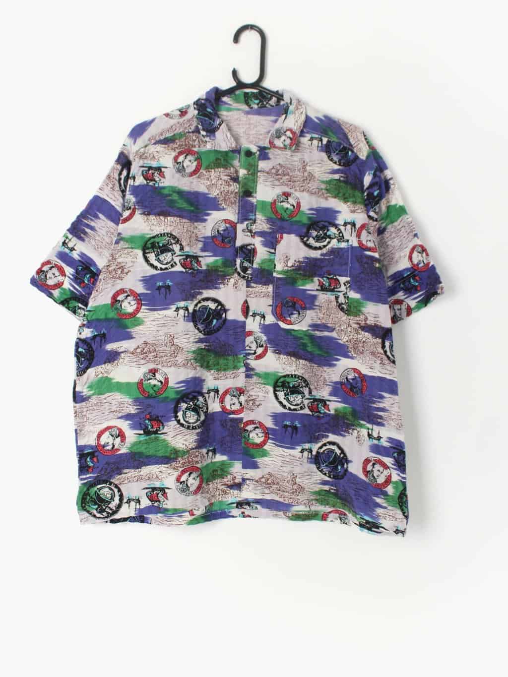 Quarter Button Patterned Mens Shirt With Unusual Print Medium Large