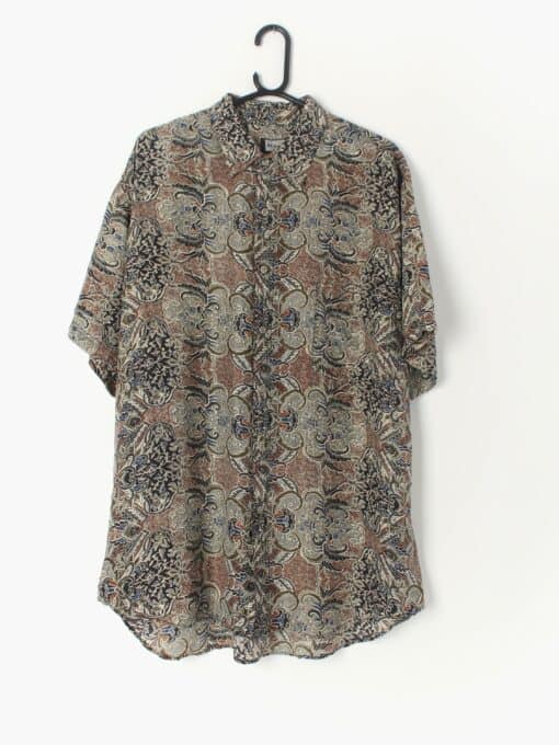 Silk Paisley Floral Shirt With Short Sleeves Brown And Grey Pattern Large