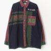 Vintage 90s Colour Block Cotton Shirt In Navy Green And Maroon With Funky Graphic Text Xl