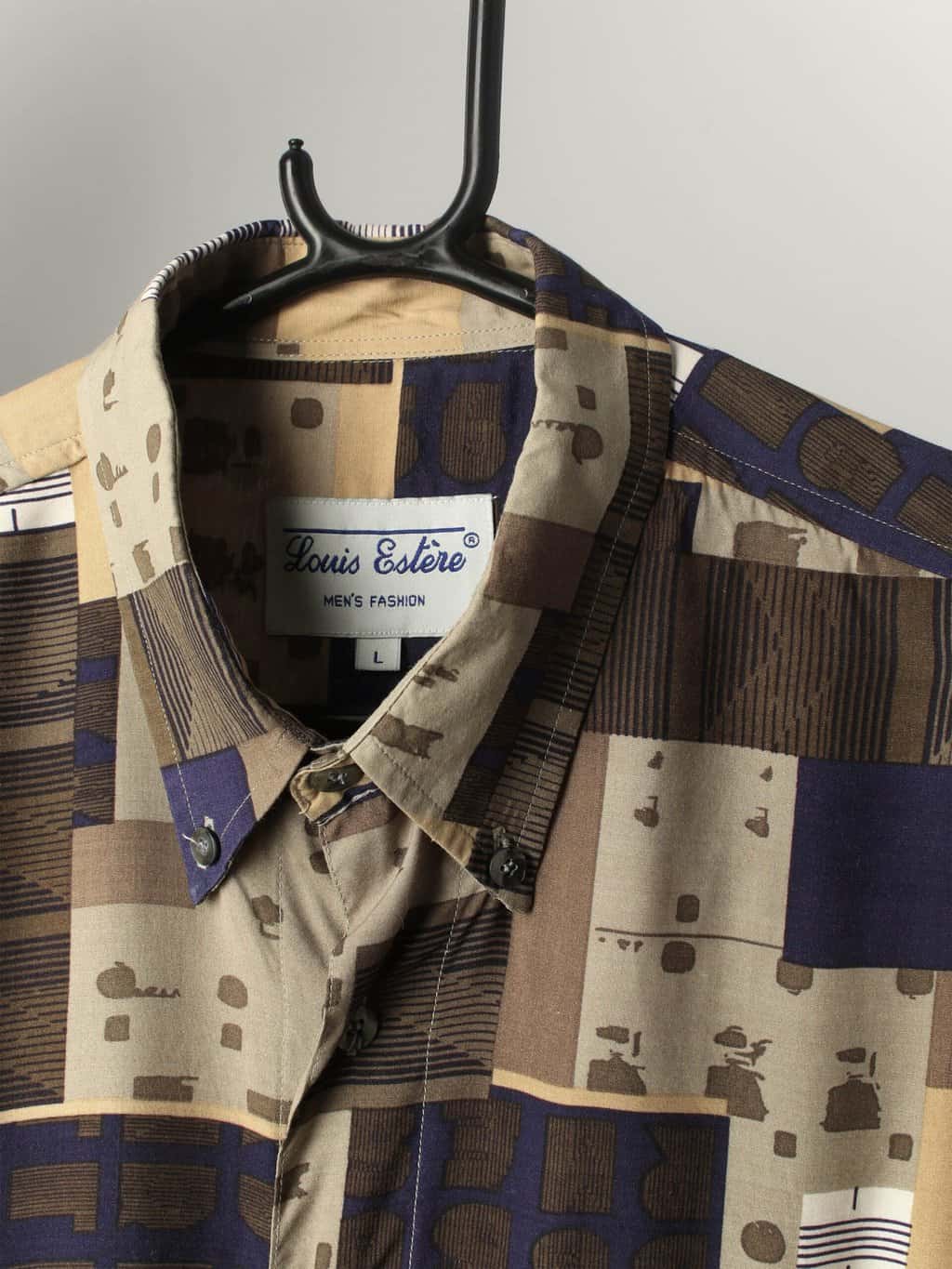Vintage Abstract Shirt In Brown Beige And Navy Slightly Cropped Shape Large Xl 2