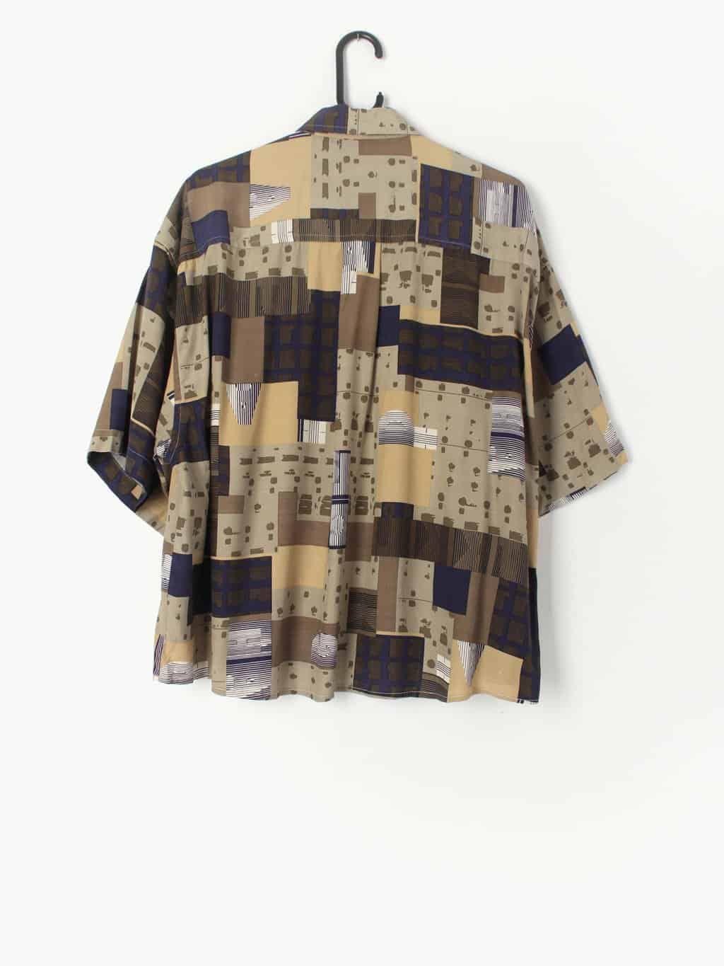 Vintage Abstract Shirt In Brown Beige And Navy Slightly Cropped Shape Large Xl 3