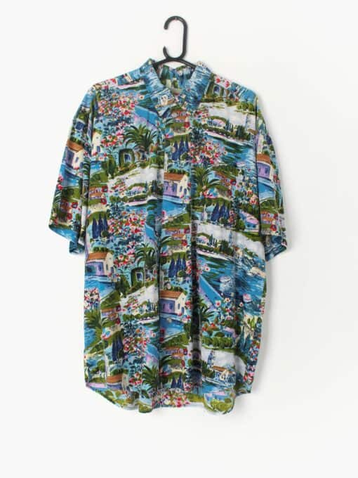 Vintage Mens Vibrant Shirt With Gorgeous Costal Paradise Scenes Xl