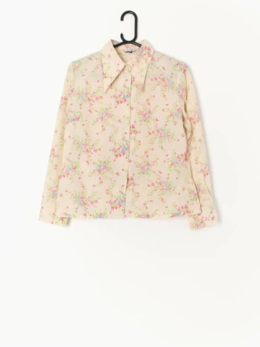 70s Vintage Floral Blouse With Pink Flower Print And Statement Dagger Collar Medium Large