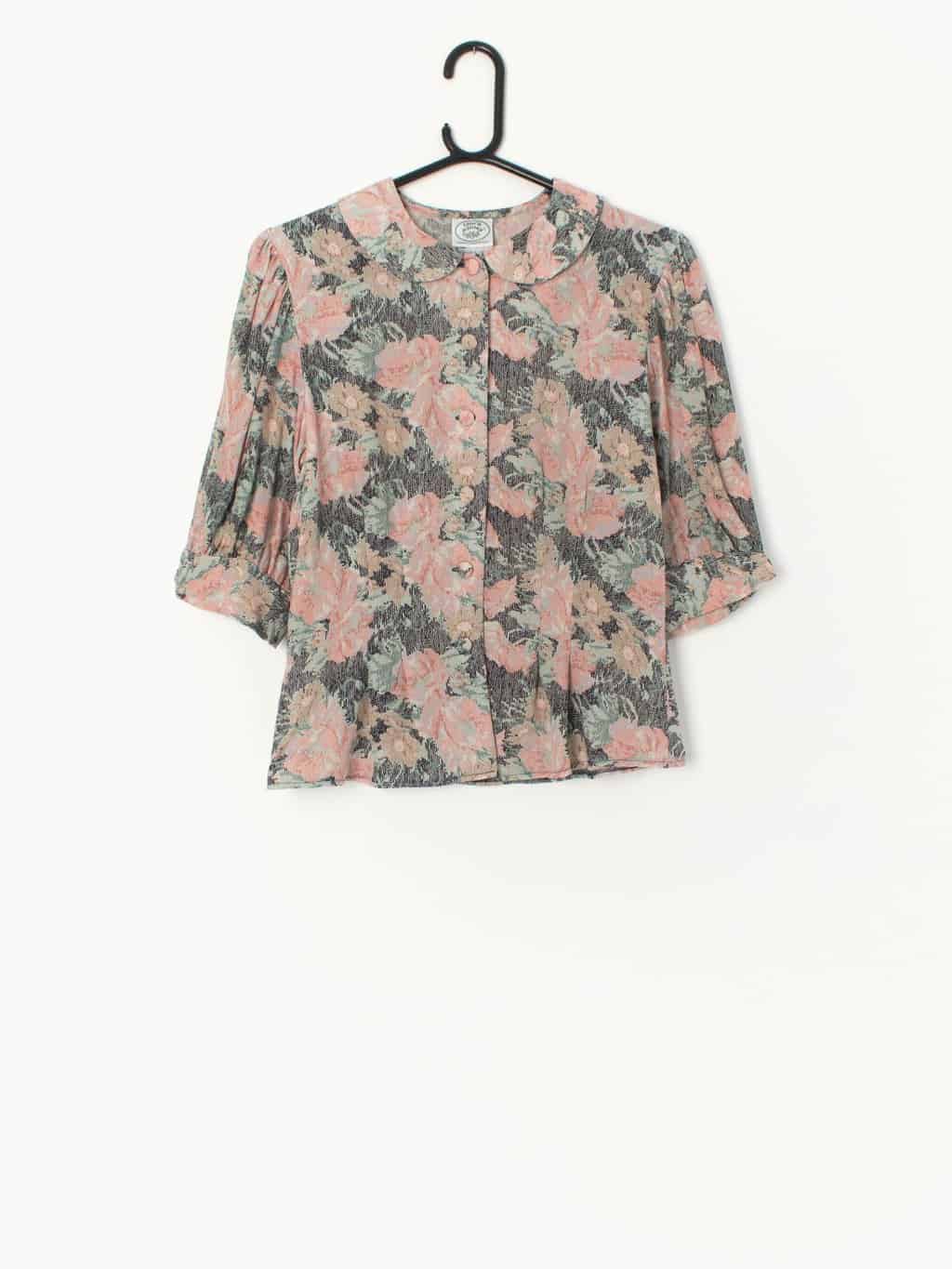 80s Vintage Laura Ashley Blouse In Pastel Pink And Green Floral Print Made In Great Britain Small Medium