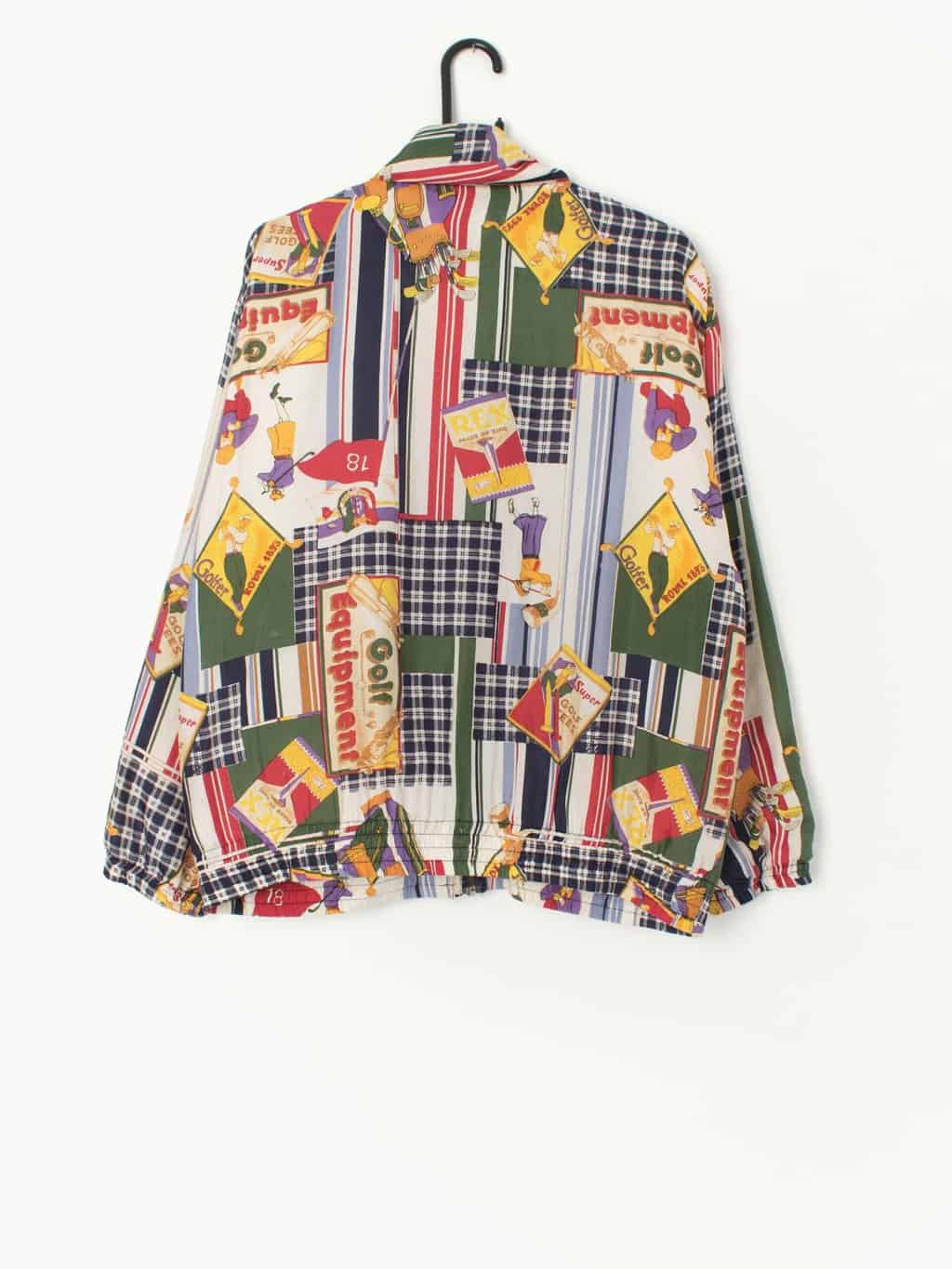 80s Vintage Silk Jacket With Multicoloured Golf Golfer Print 2xl 2