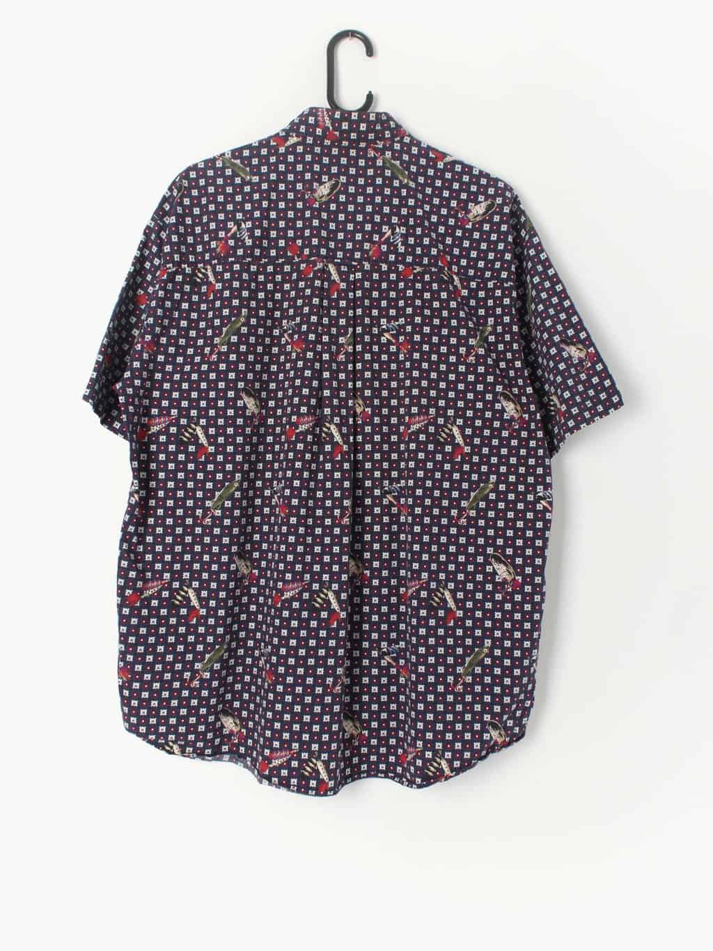 90s Mens Vintage Abstract Shirt Navy Blue With Unique Fish And Hook Print Large 3