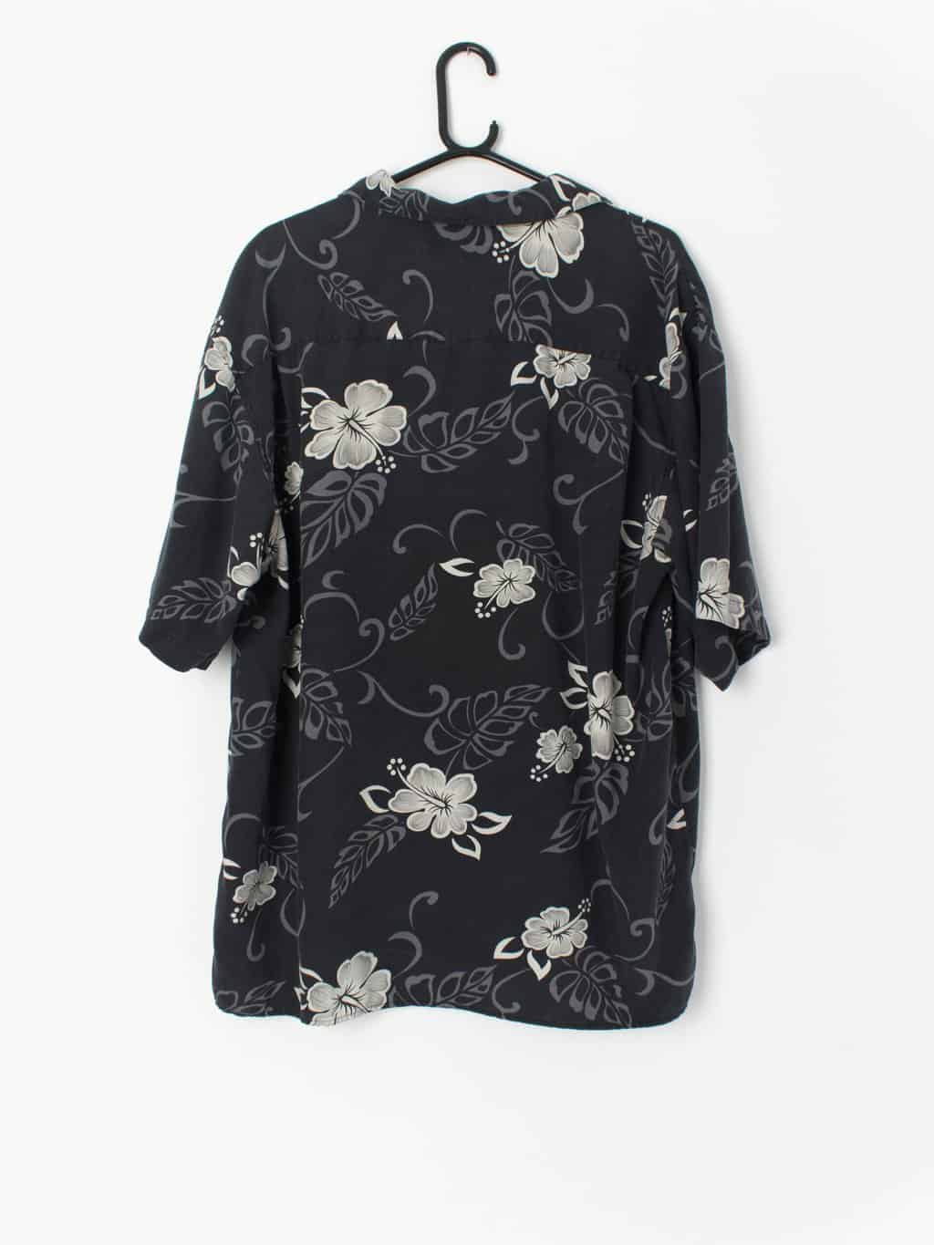 90s Silk Vintage Hawaiian Shirt Dark Blue With White Floral And Blue Plant Print Xl 3