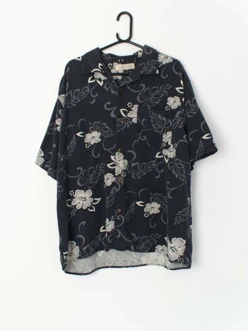 90s Silk Vintage Hawaiian Shirt Dark Blue With White Floral And Blue Plant Print Xl