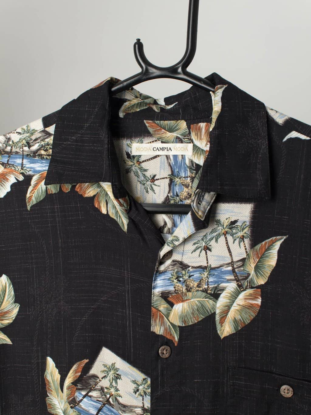 90s Vintage Hawaiian Shirt Black With Bold Postcard Style Print Small Medium 2